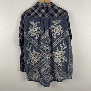Johnny Was 3J Workshop Womens M Plaid Embroidered Back Mixed Media Long Sleeve
